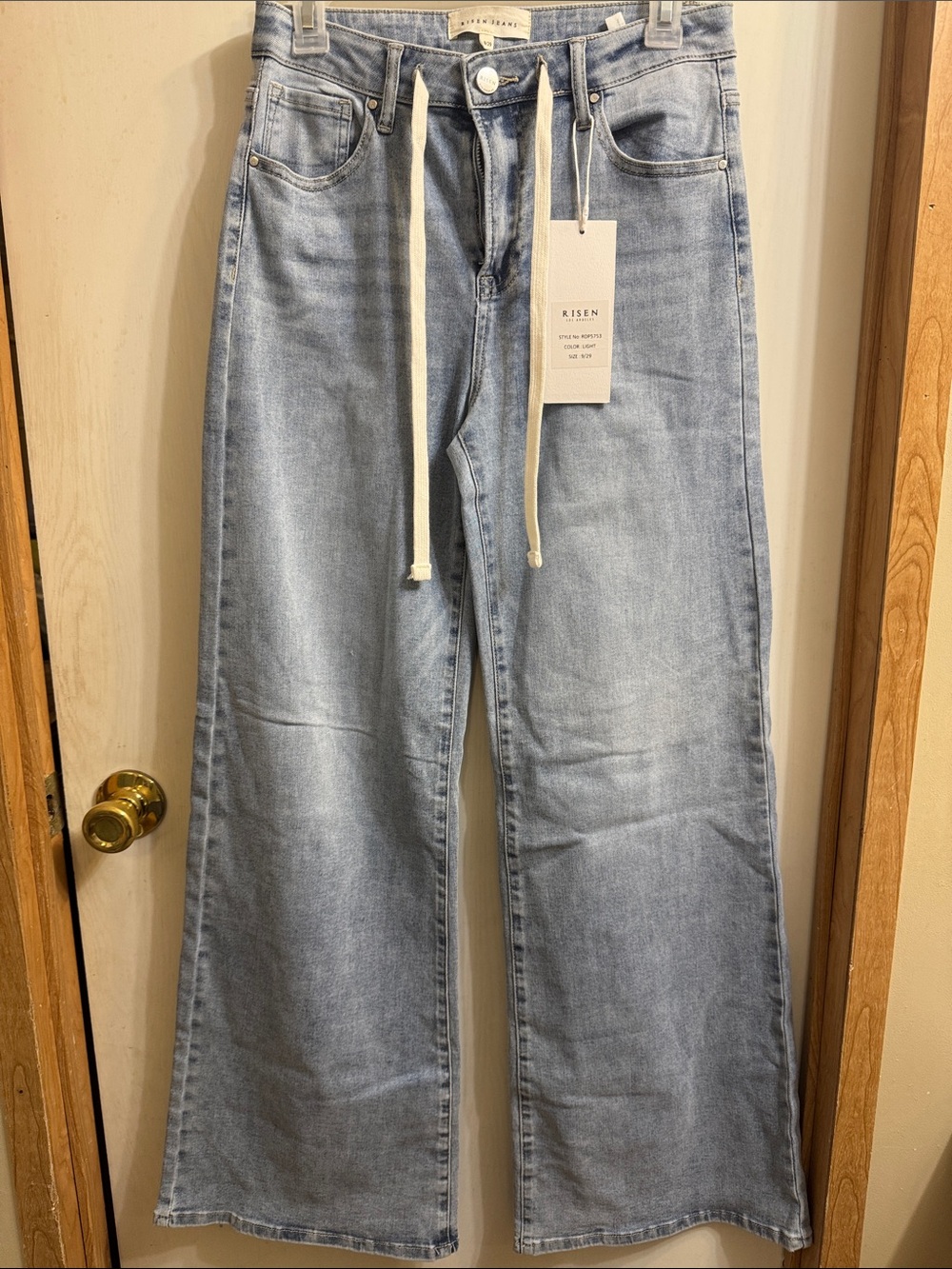 Risen Light Blue High-Rise Wide Leg Jeans with Drawstring